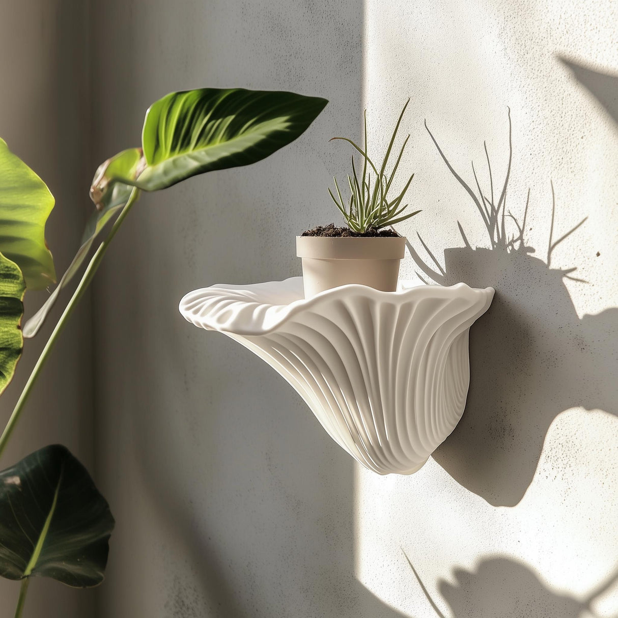 3D printed mushroom wall shelf with plant, modern organic decor, showcasing flowing lines and natural style.