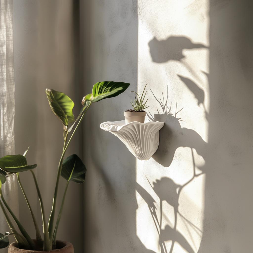 3D printed mushroom wall shelf with plant, showcasing organic design and modern decor in natural light.