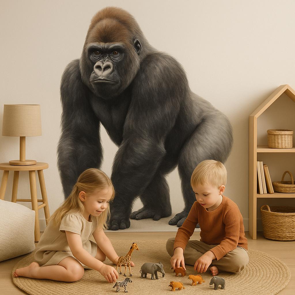 Realistic gorilla wall decal in a kids room with children playing animal figurines