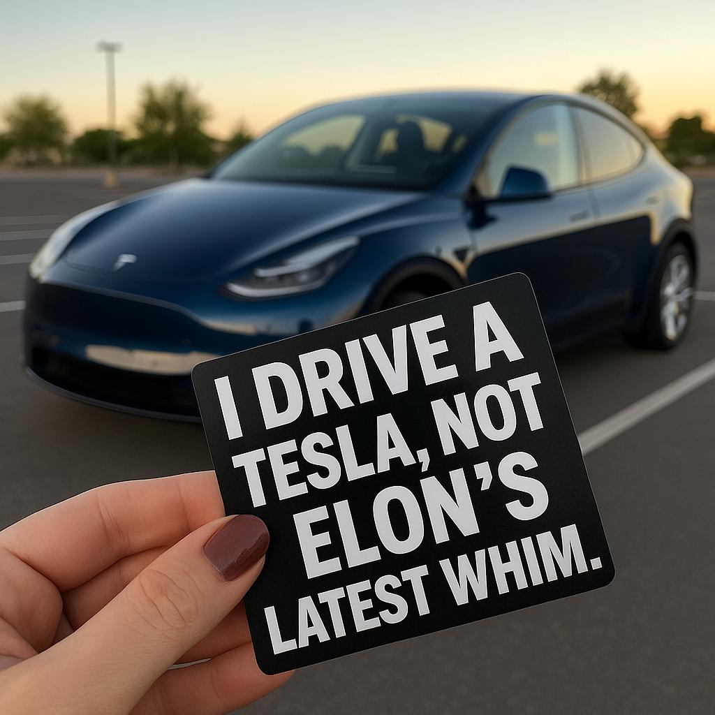 Hand holding a bold bumper sticker reading 'I Drive a Tesla, Not Elon’s Latest Whim' in front of a Tesla car.