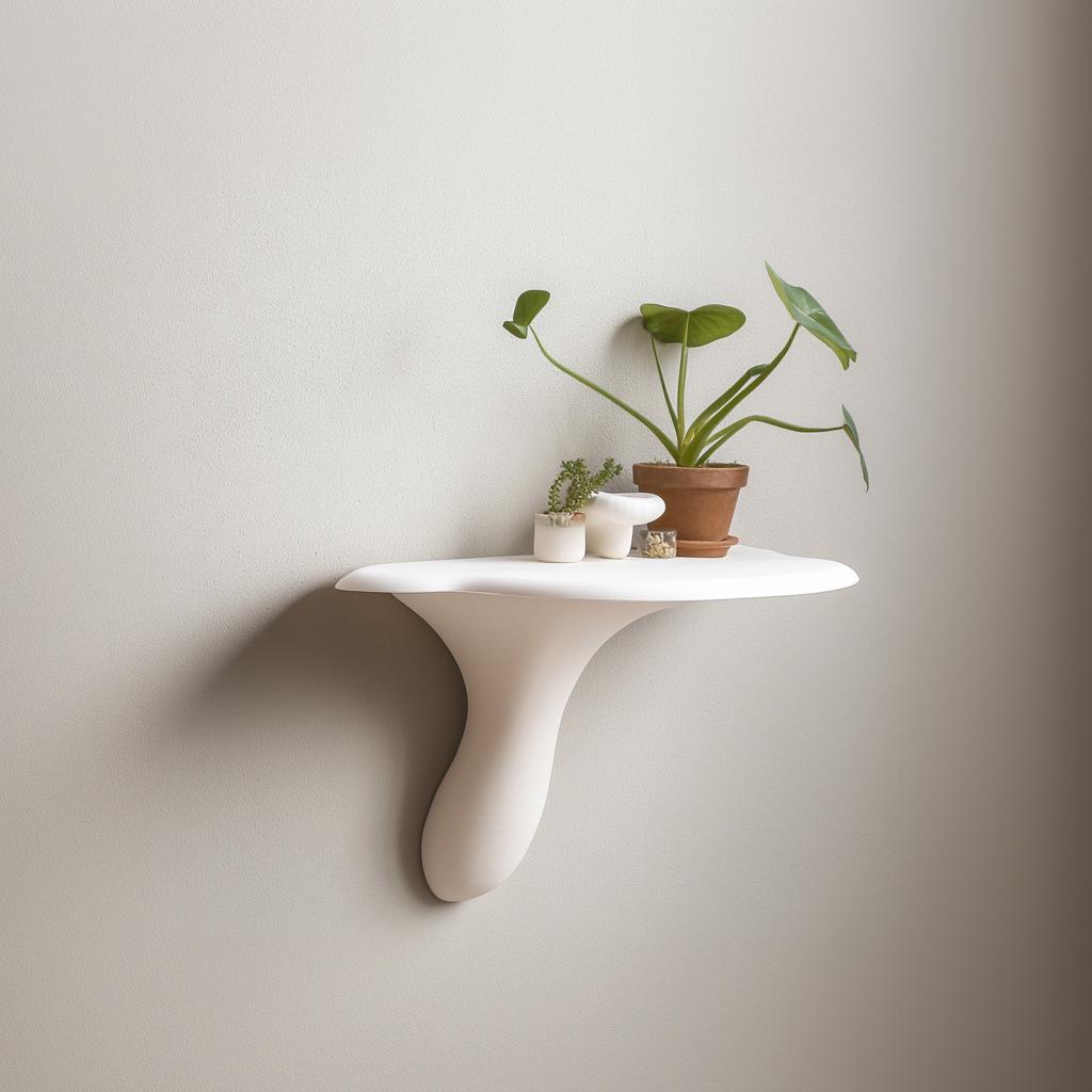 Minimalist mushroom wall shelf displaying plants against a neutral wall, showcasing modern organic decor.