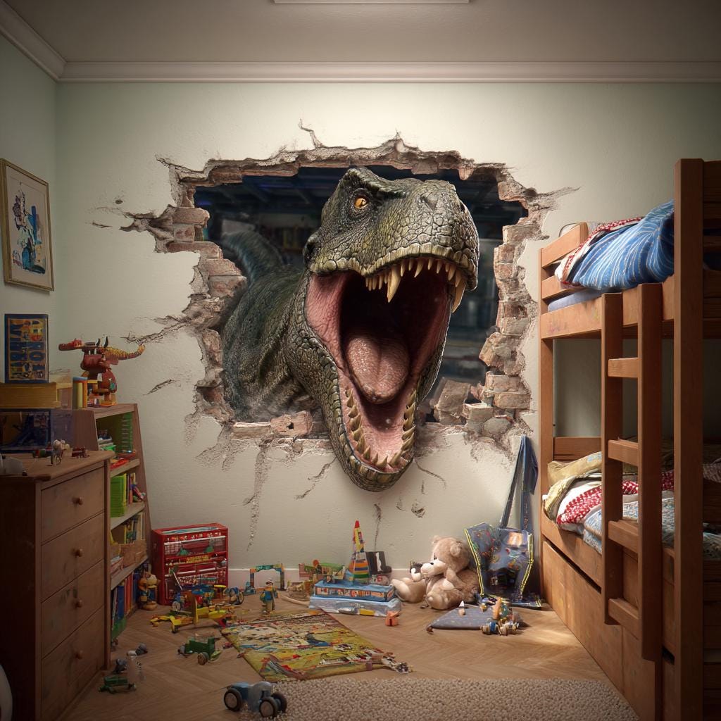 3D T-Rex dinosaur wall decal bursting through a wall in a kids' bedroom, adding excitement and adventure.