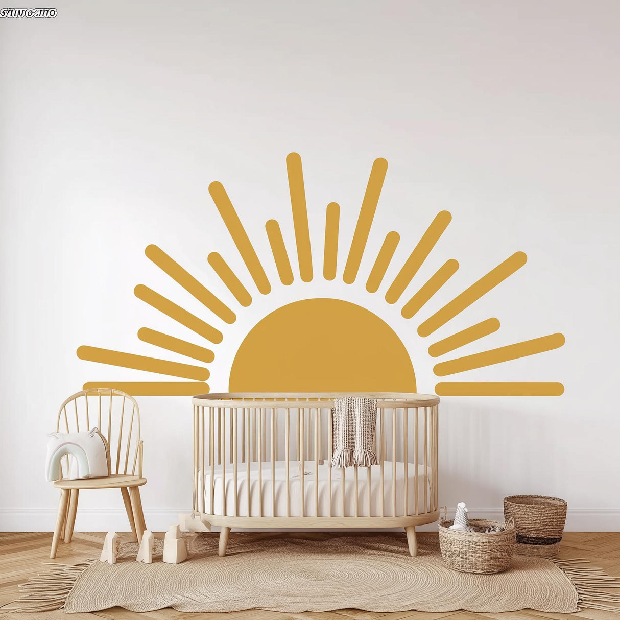 Large half sun wall decal in a nursery, featuring a minimalist design with yellow tones, adding warmth to baby room decor.