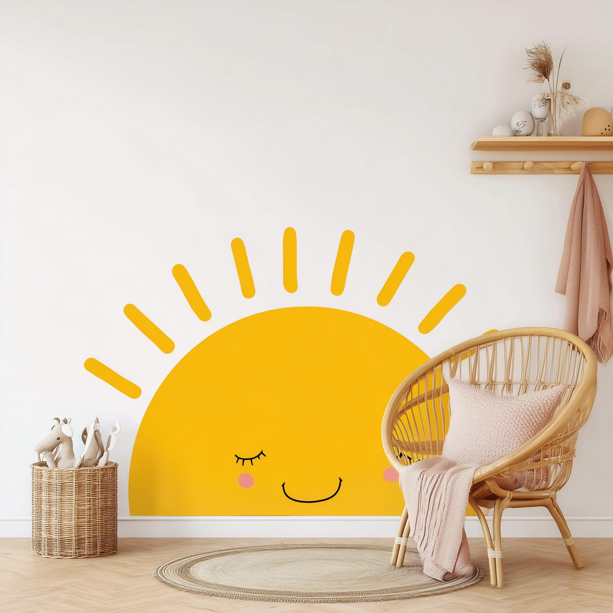 Smiling half sun wall decal in a cozy nursery, adding cheerful decor with a happy face and vibrant yellow color.