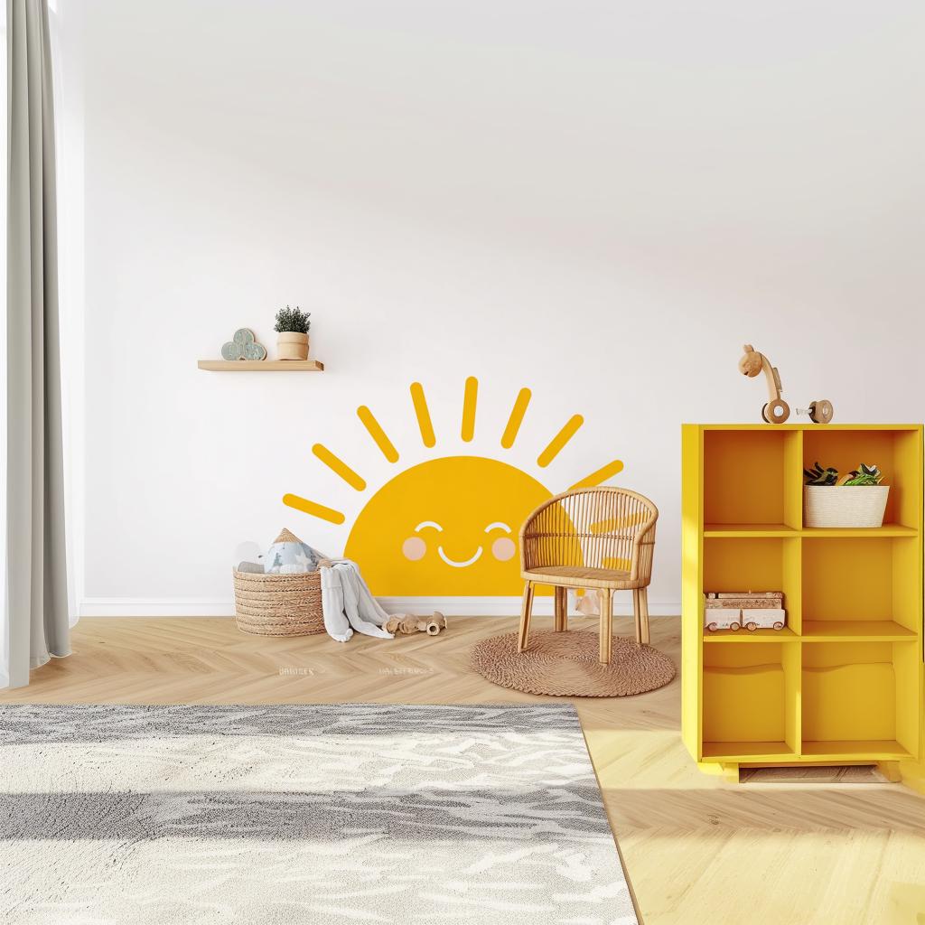 Bright smiling sun wall decal in a cheerful nursery with cozy furniture and playful decor.