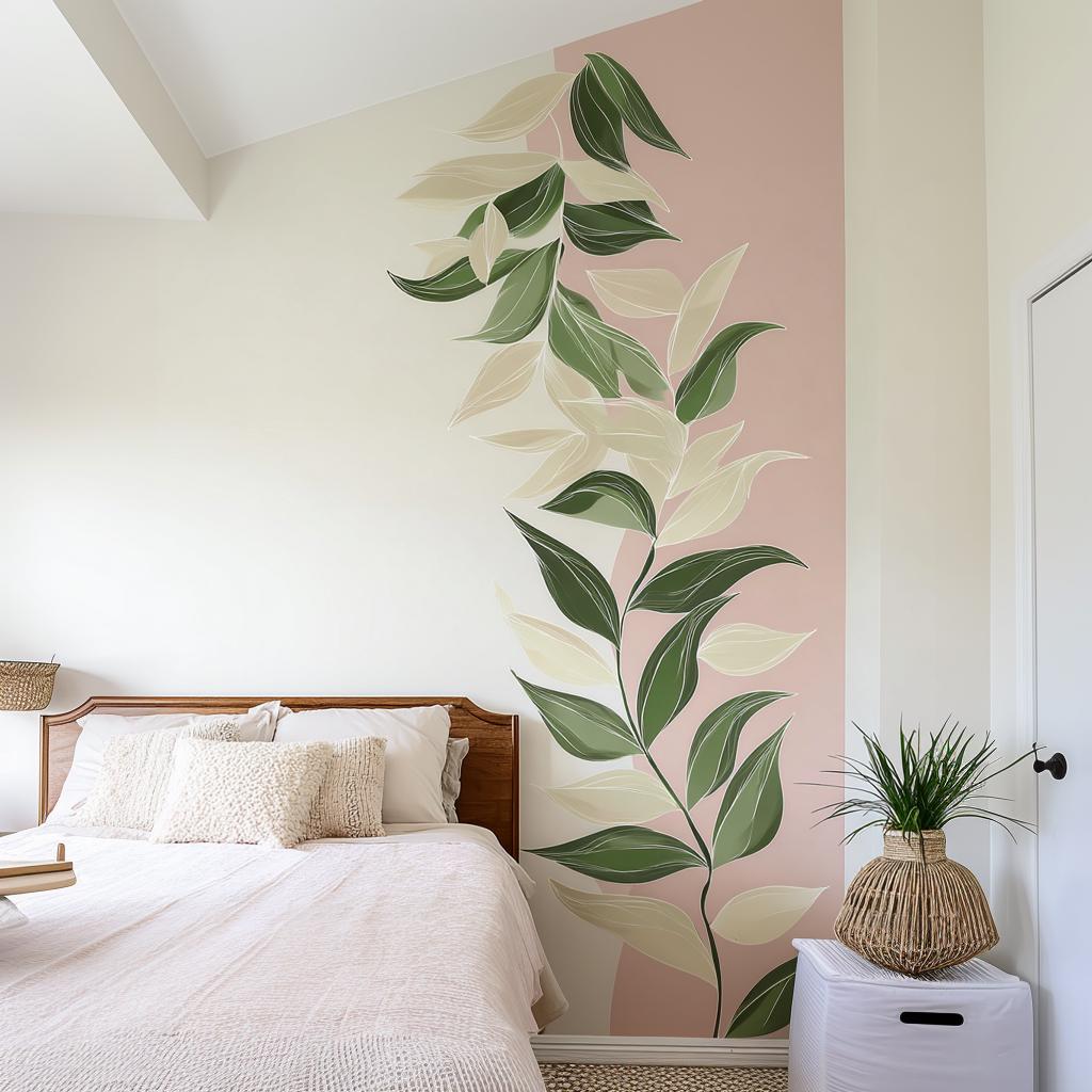 Large Vine Leaf Wall Decal | Blush Pink Botanical Mural | Removable Greenery Wall Sticker | Modern Bedroom or Nursery Accent Wall Art