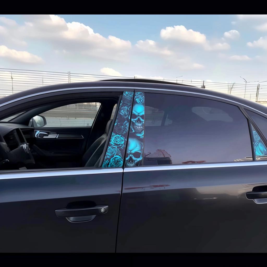 Blue Skulls Car B-Pillar Decals | 2-Piece Vinyl Sticker Set | Gothic Car Styling with Skulls and Roses | Tuning Wrap for Any Vehicle Pillar