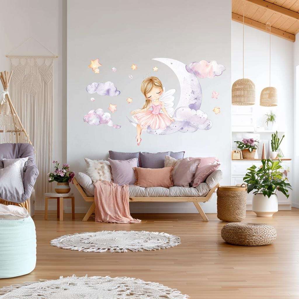 Fairy Ballerina Wall Decal | Princess on the Moon Sticker | Nursery Wall Art Baby Girl | Clouds and Stars Wall Decor | Removable Vinyl Mural