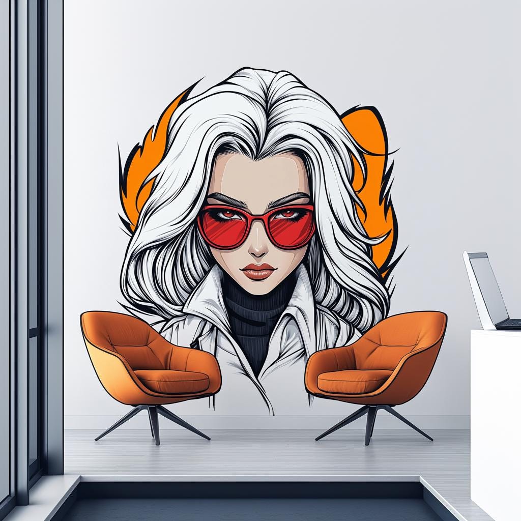 A bold anime-style wall decal of a confident woman with white hair, red sunglasses, and a serious expression, styled in comic book fashion with clean outlines and warm tones, placed above two modern orange chairs.