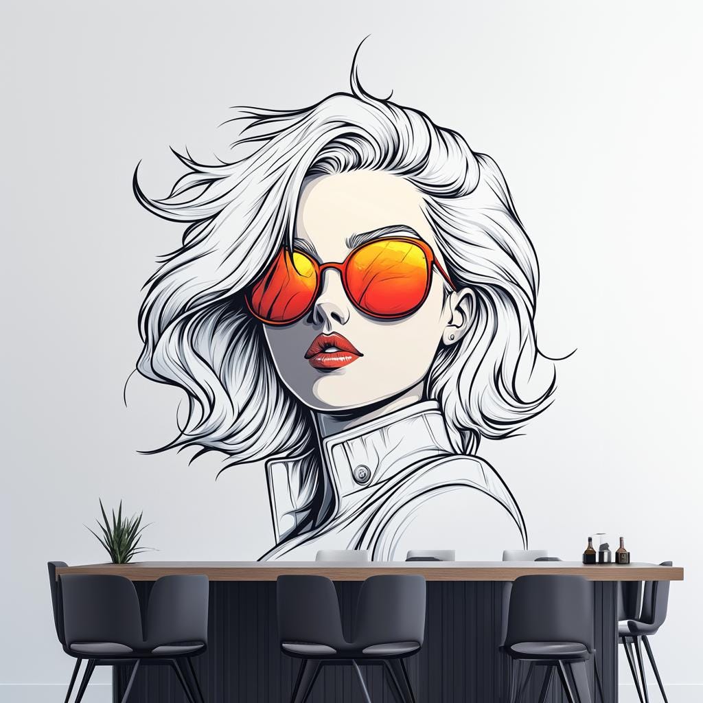 Wall decal of a woman with short wavy white hair and vivid orange reflective sunglasses in comic-style illustration, installed above a modern dining counter with black bar chairs.