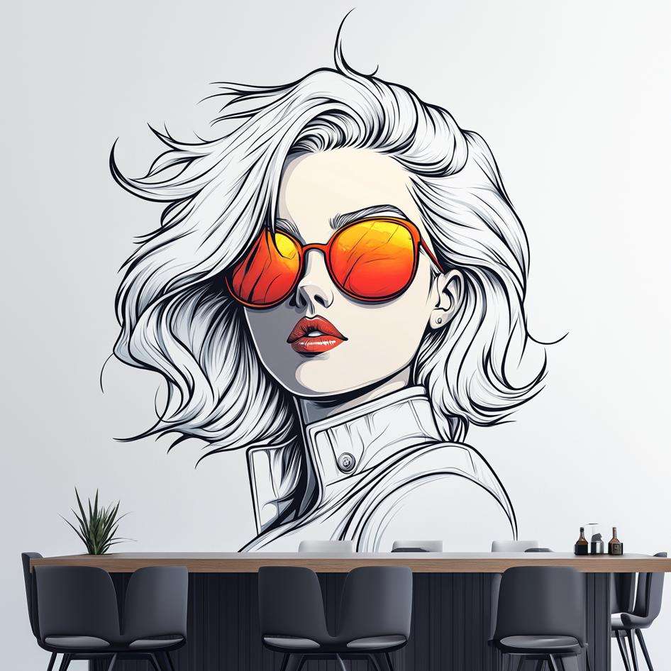 Stylish Woman Wall Decal | Pop Art Wall Sticker | Retro Female Portrait | Vinyl Mural for Office, Studio Bar Decor | Modern Graphic Wall Art
