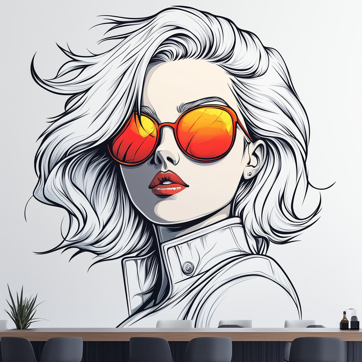 Stylish Woman Wall Decal | Pop Art Wall Sticker | Retro Female Portrait | Vinyl Mural for Office, Studio Bar Decor | Modern Graphic Wall Art