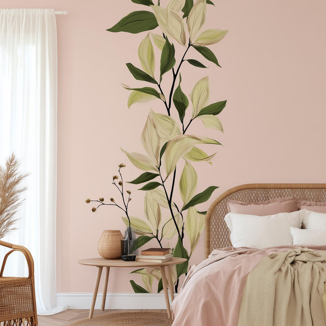 Tall Vine Leaf Wall Decal | No Background Botanical Sticker | Neutral Boho Bedroom Wall Art | Vertical Greenery Mural Removable Vinyl Decor