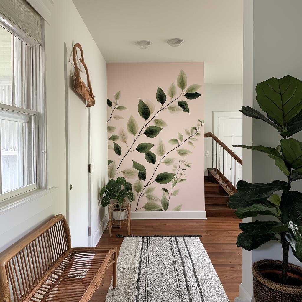 Vertical Vine Leaf Wall Decal | Botanical Wall Sticker with No Background | Greenery Mural for Hallway Entryway | Removable Vinyl Leaf Decor