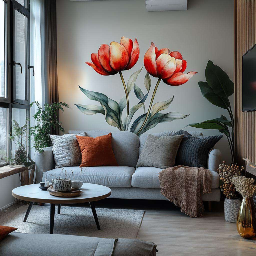 Red Tulip Wall Decal | Watercolor Flower Wall Sticker | Elegant Botanical Wall Art | Removable Vinyl Floral Mural | Living Room Nature Decor