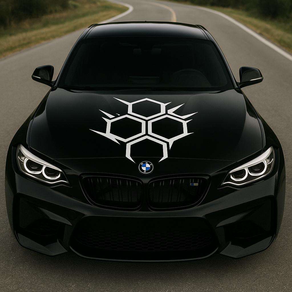 Black sports car with a large white honeycomb geometric decal centered on the hood, parked outdoors with trees in the background.