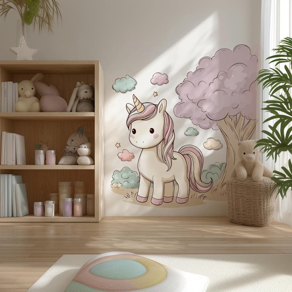 Cute Unicorn Wall Decal | Pastel Cartoon Unicorn Wall Sticker for Girls' Nursery or Bedroom | Kawaii Removable Vinyl Mural for Kids