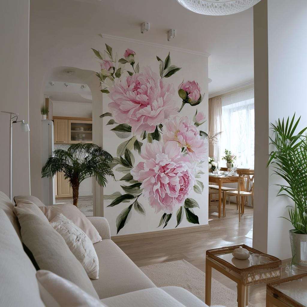 Pink Peony Wall Mural | Large Floral Wall Decal | Romantic Flower Wall Art for Living Room or Bedroom | Removable Vinyl Botanical Sticker