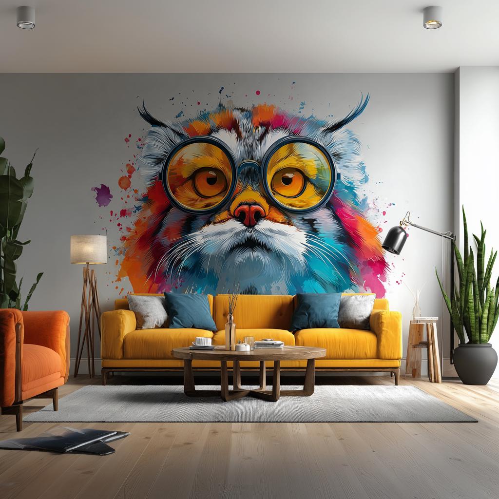 Wall decal of a Pallas’s cat (manul) wearing round sunglasses with vibrant orange lenses, surrounded by colorful paint splashes. The decal is applied to a smooth wall behind a mustard yellow sofa in a modern living room.