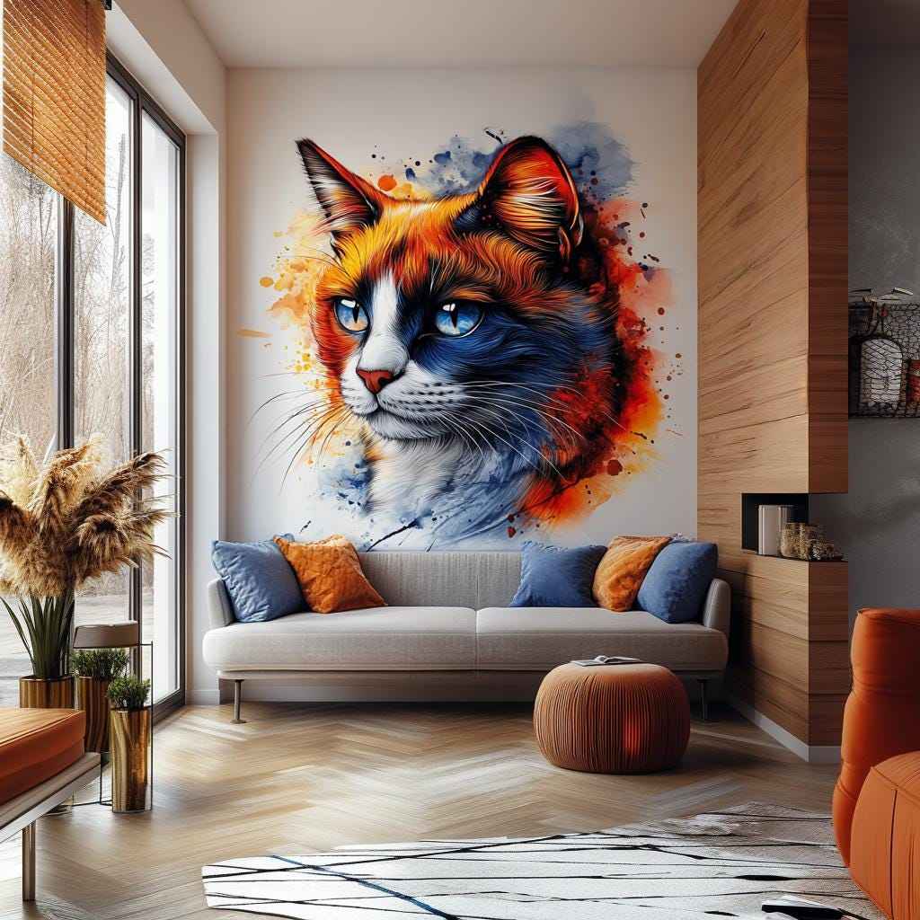 Calico Cat Wall Decal – Blue Eyed Domestic Shorthair Cat Sticker – Abstract Watercolor Style Vinyl Art – Colorful Wall Mural for Home Decor
