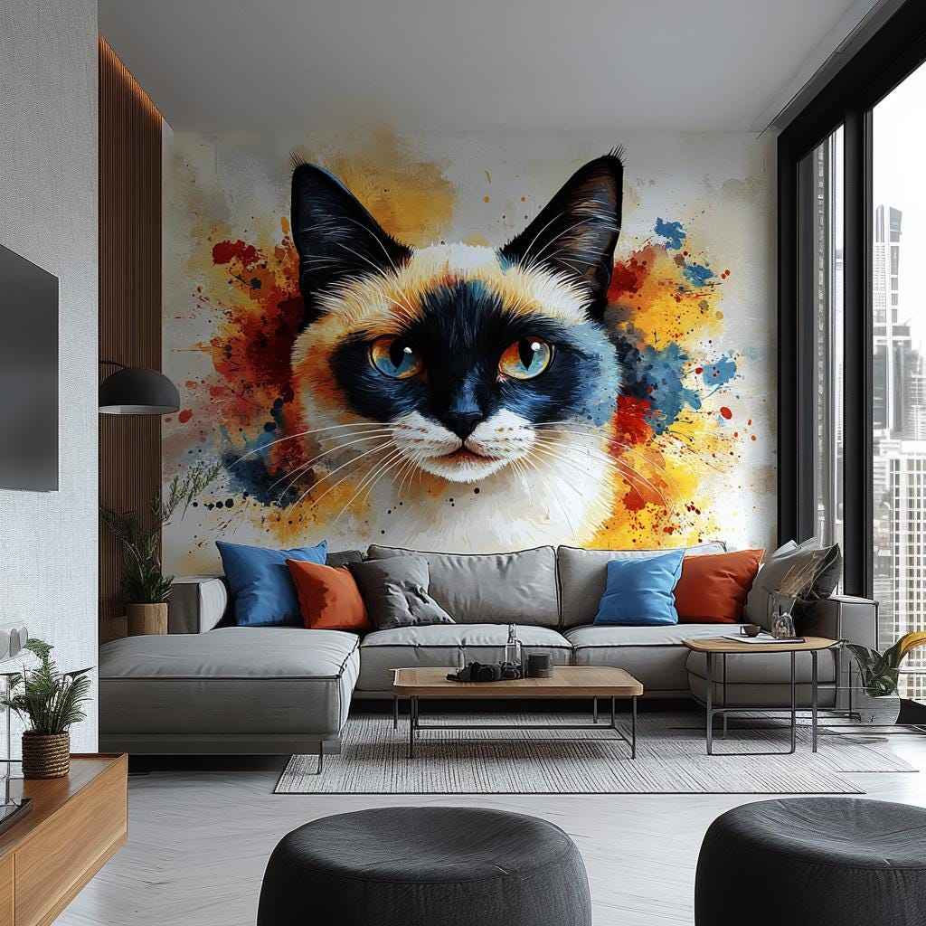 Siamese Cat Wall Decal – Blue Eyed Cat Face Vinyl Sticker – Watercolor Style Animal Mural – Colorful Wall Art for Living Room or Bedroom