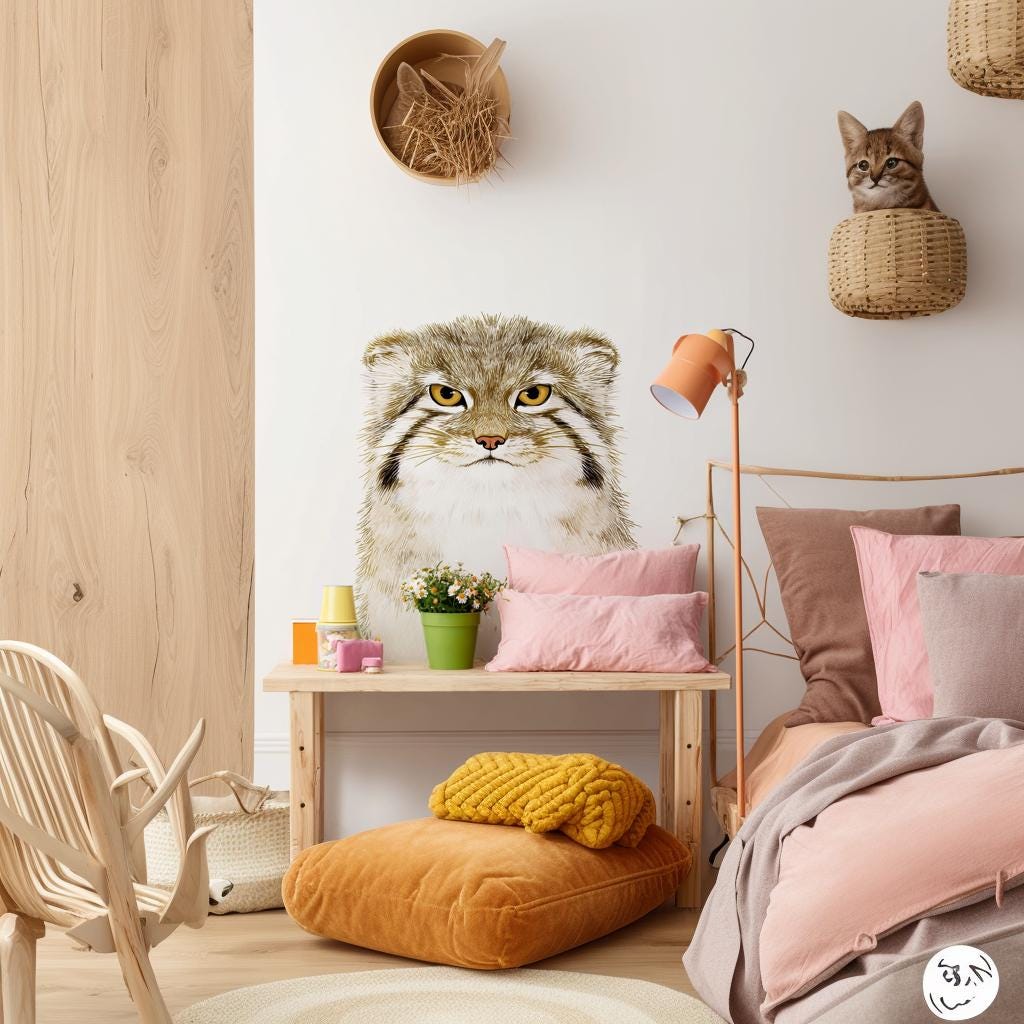 Pallas Cat Wall Decal | Manul Kids Room Vinyl Sticker | Illustrated Animal Wall Art | Cute Wild Cat Decor | Soft Wildlife Wall Mural Nursery