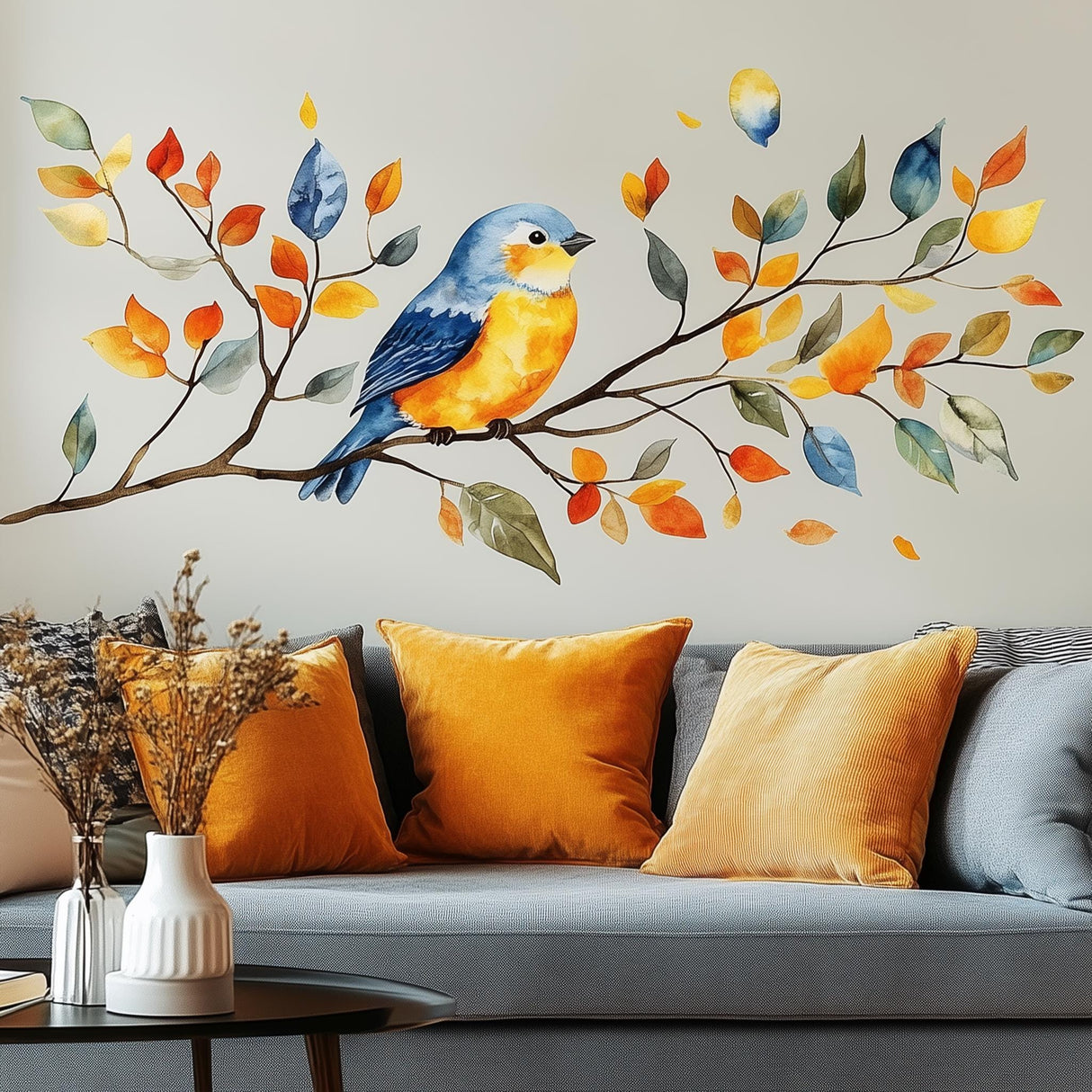 Bird on Branch Wall Decal | Watercolor Vinyl Sticker | Autumn Leaves Wall Art | Colorful Bird Wall Mural | Nature-Inspired Home Decor