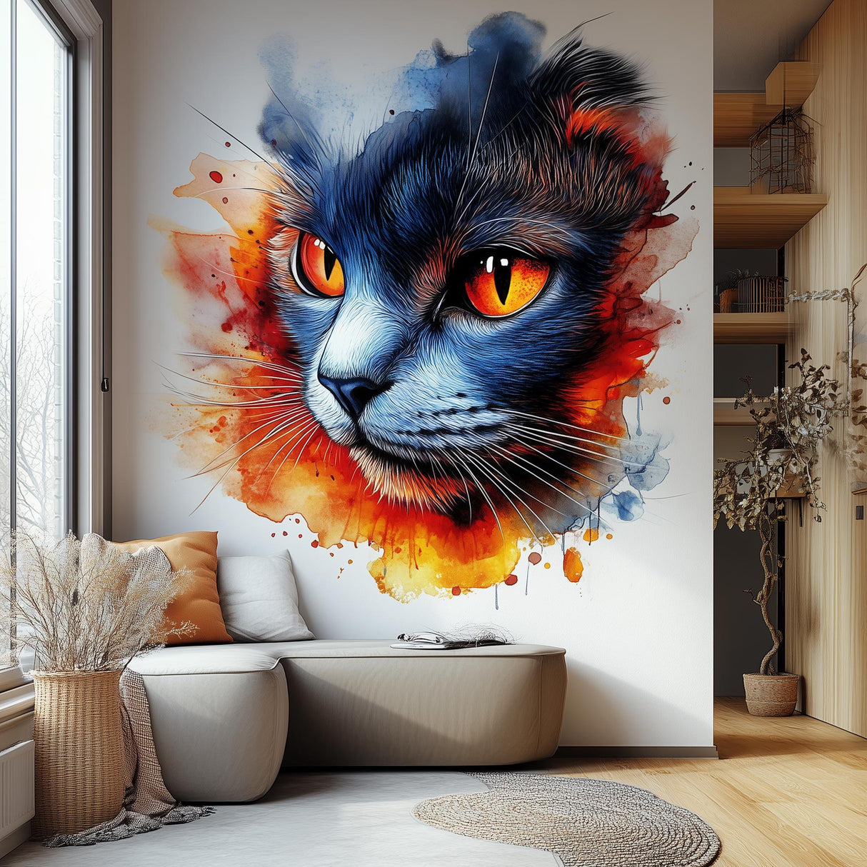 Colorful wall decal of a cat face with vivid orange, red, and blue watercolor splashes, applied above a neutral bench in a bright modern room with natural wood accents.