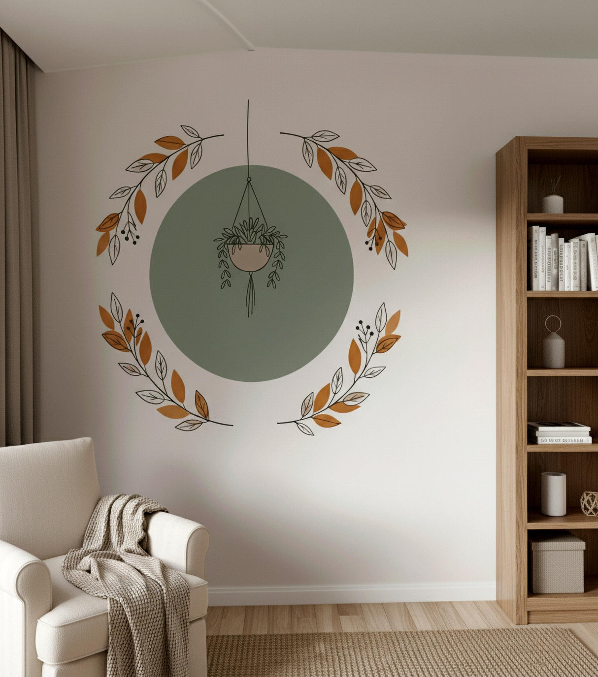 Hanging Plant Wall Decal | Botanical Circle Wall Art | Modern Boho Vinyl Wall Sticker | Minimalist Leaf Wreath Mural Green Terracotta Decor