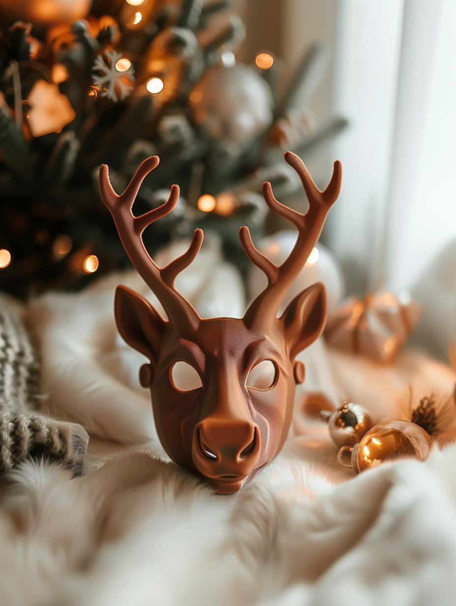 3D Printed Reindeer Mask | Modern Animal Face Sculpture | Unique Holiday Cosplay & Art Prop | Christmas Costume and Winter Home Decor