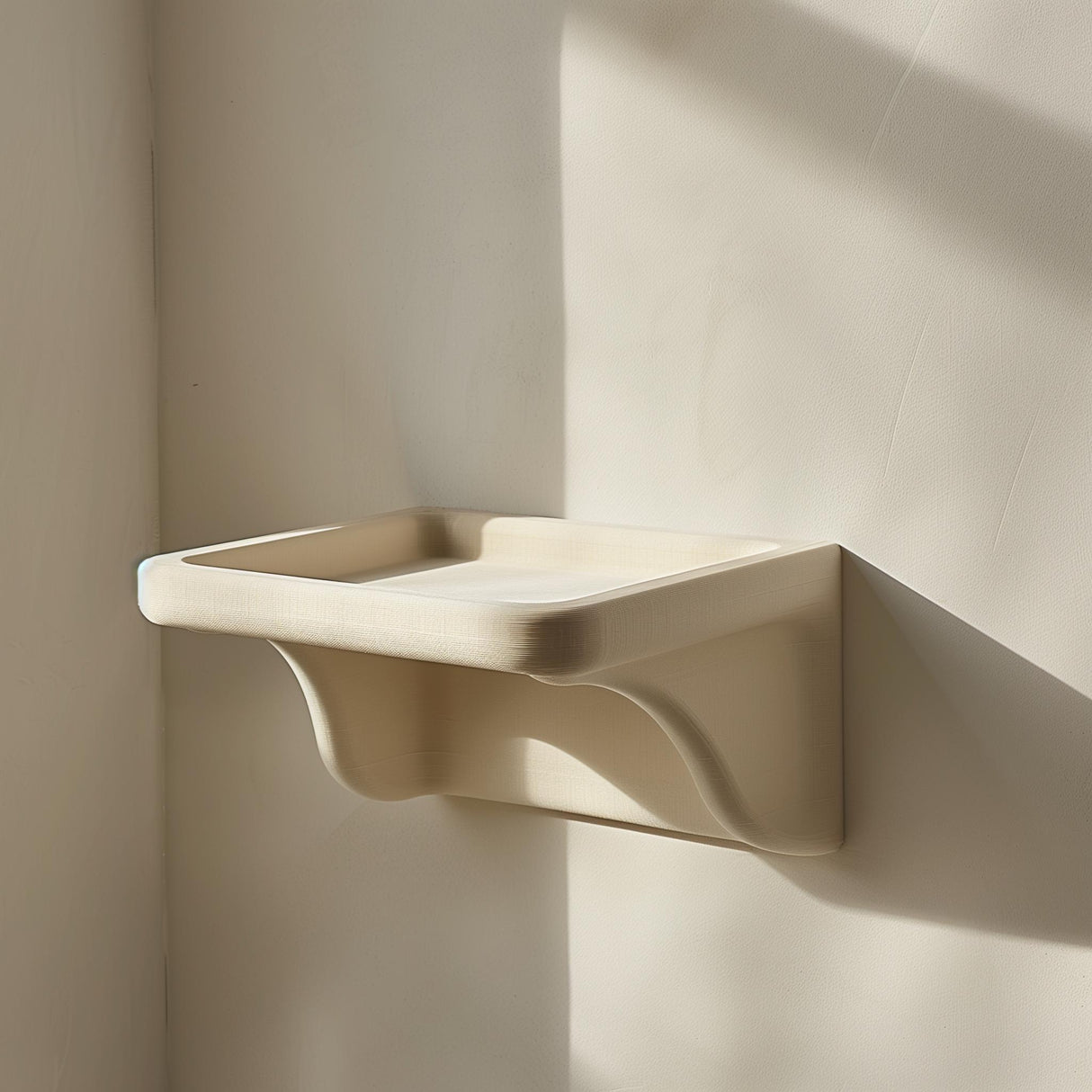 3D printed modern wall shelf with smooth organic curves mounted on wall, minimalist contemporary home decor accessory
