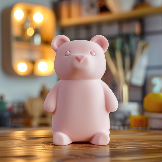 3D printed minimalist bear figurine made of matte PLA plastic, placed on wooden surface in modern cozy interior setting