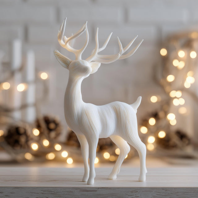 3D printed minimalist deer figurine with sculptural antlers, made of matte PLA plastic, placed in cozy holiday home interior