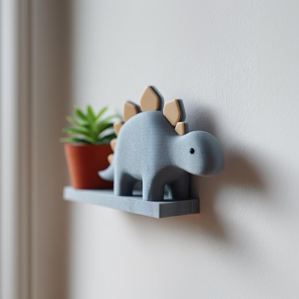 3D Printed Dinosaur Wall Shelf | Cute Stegosaurus Floating Ledge for Kids | Playful Nursery and Children’s Room Wall Accent Decor Piece