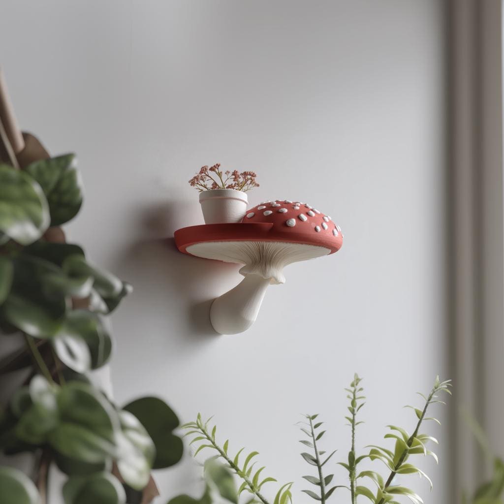 3D Printed Amanita Mushroom Wall Shelf | Fantasy Toadstool Floating Display | Magical 3D Printed Accent for Cottagecore and Cozy Interiors