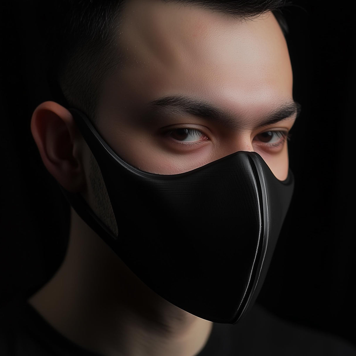 Close-up of a man wearing a sleek matte black 3D printed half-face mask with a sharp, minimalist design, set against a black background.