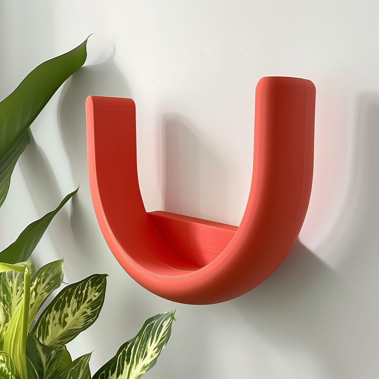 3D printed U-shaped wall shelf made of matte PLA plastic, mounted on wall near plants, modern minimalist home decor accessory