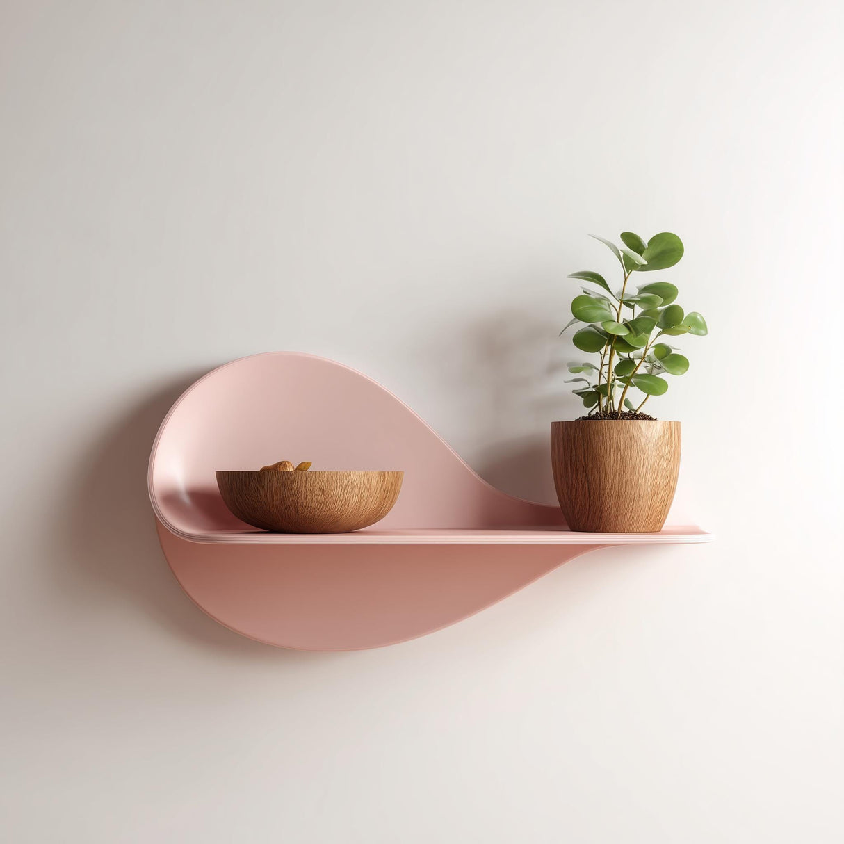 3D printed decorative wall shelf with abstract wavy shape in pastel pink, displaying a plant pot and wooden bowl as modern wall decor