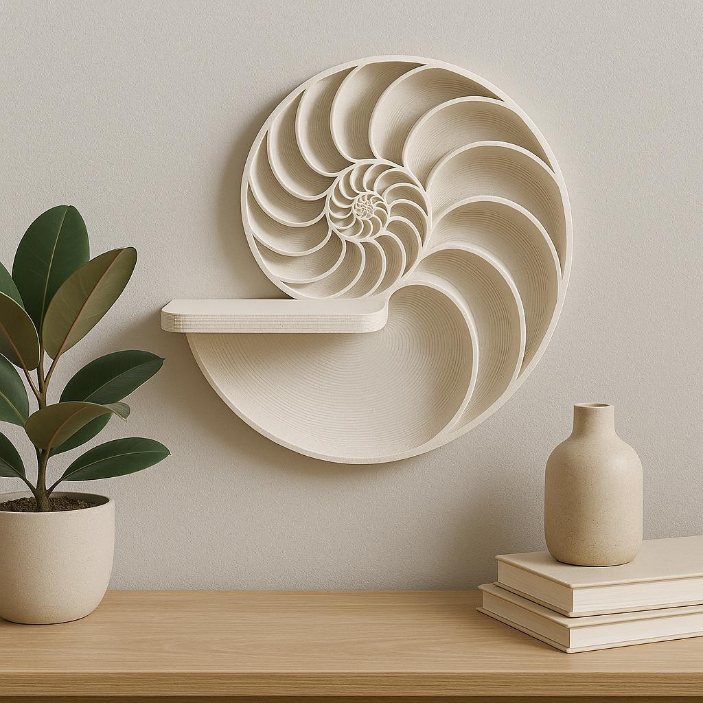 Nautilus Wall Shelf | Spiral Floating Shelf | 3D Printed Geometric Wall Art | Beige Matte Shell-Inspired Shelf | Modern Coastal Decor