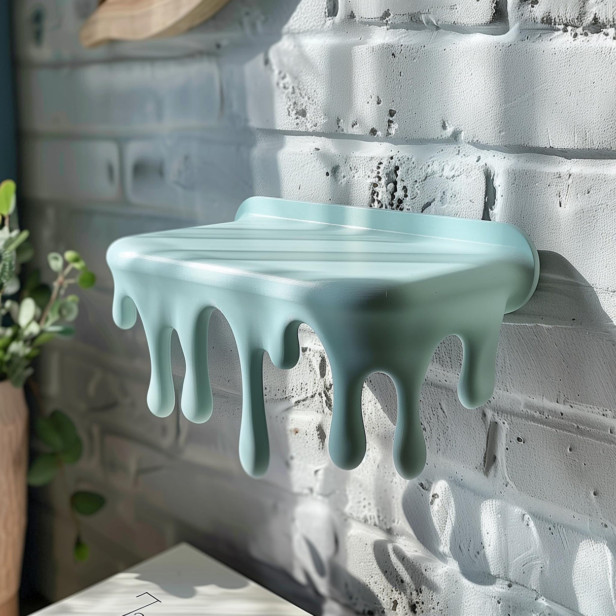 3D printed wall-mounted shelf with playful dripping “melting” design, matte pastel PLA surface, used as a small floating shelf on a brick wall