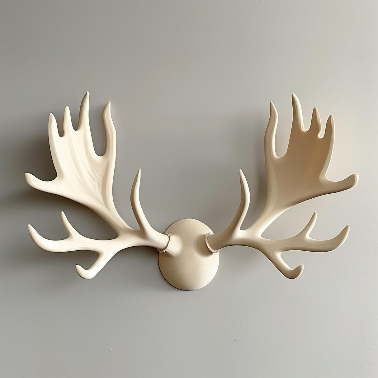 3D printed wall decor shaped like stylized cream-colored moose antlers in three pieces (two antlers and a round base) mounted on a smooth light wall.