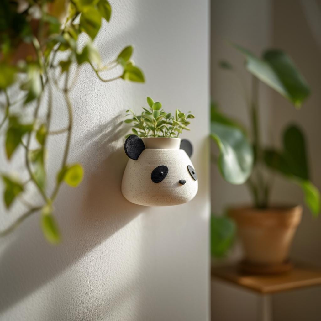 3D Printed Panda Wall Planter | Animal Face Hanging Pot for Nursery | Minimal Wall Decor for Modern Kids Rooms and Playroom Spaces at Home