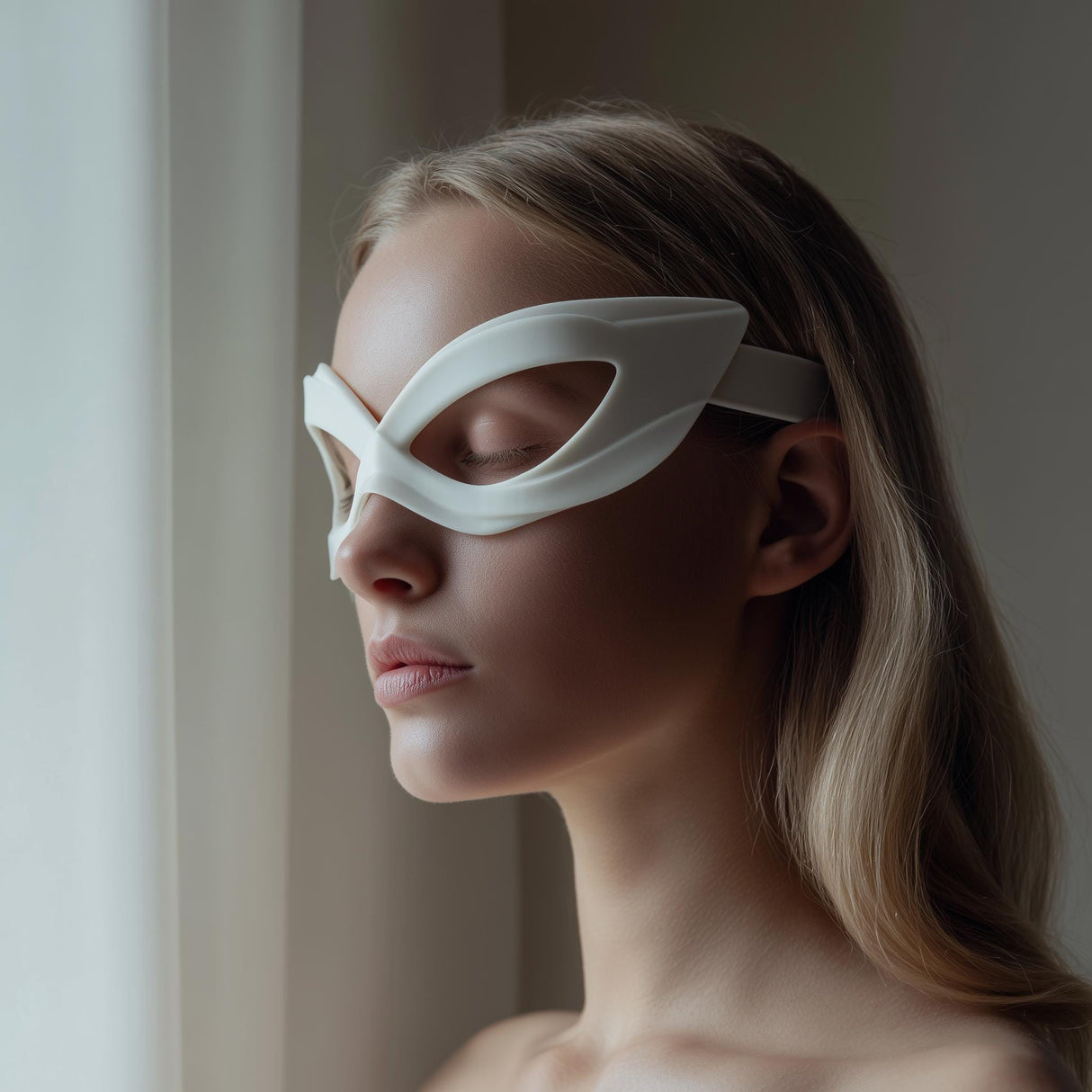 3D printed minimalist eye mask glasses with sculptural cutout frames worn by an adult woman standing by a window in soft daylight.