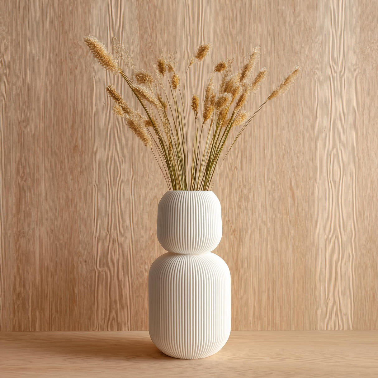 Tall 3D printed white geometric vase with ribbed texture, holding dried grass stems, displayed against a light wood background