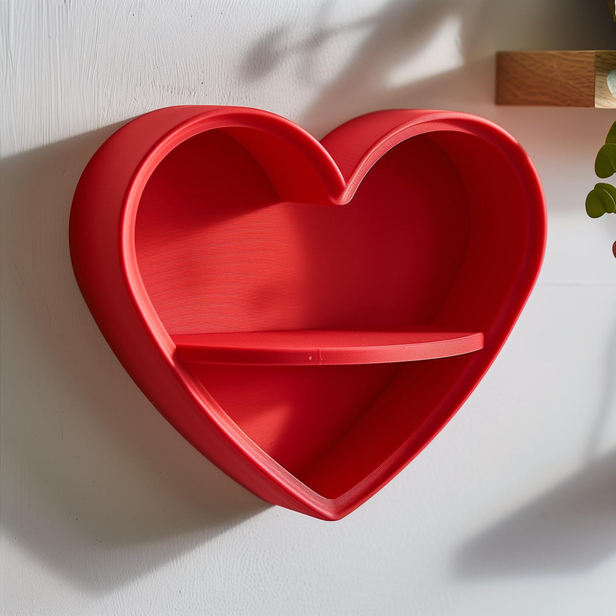 3D printed heart-shaped wall shelf in matte red, mounted on a white wall, minimalist modern design for decorative display