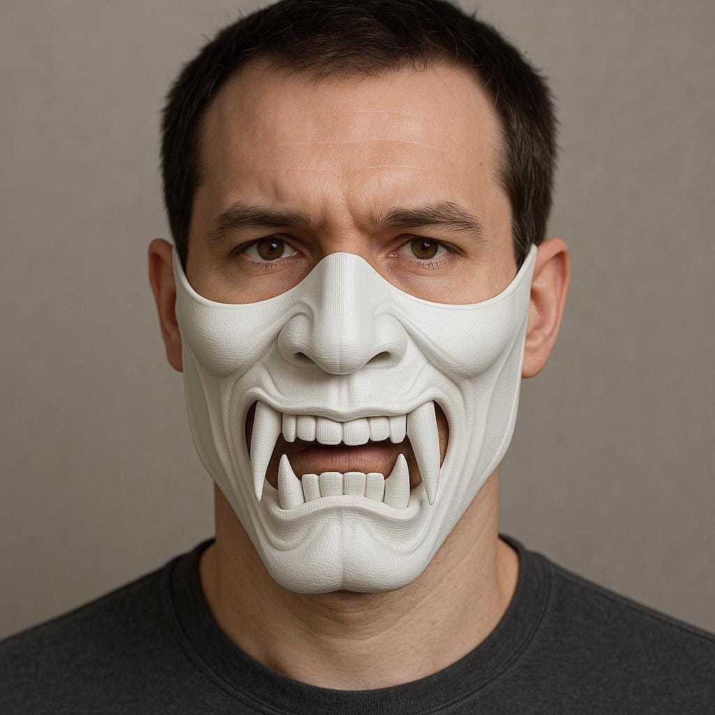 3D printed white Oni half-face mask featuring fierce fangs and intricate detailing, worn by a man in a dark shirt, ideal for cosplay and Halloween costumes.