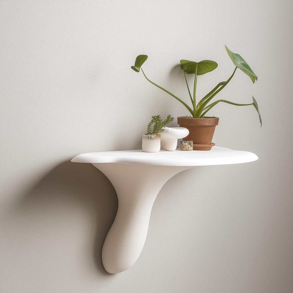 "White 3D printed wall shelf inspired by the form of an Artist’s Conk mushroom, styled with small potted plants on a minimalist wall."