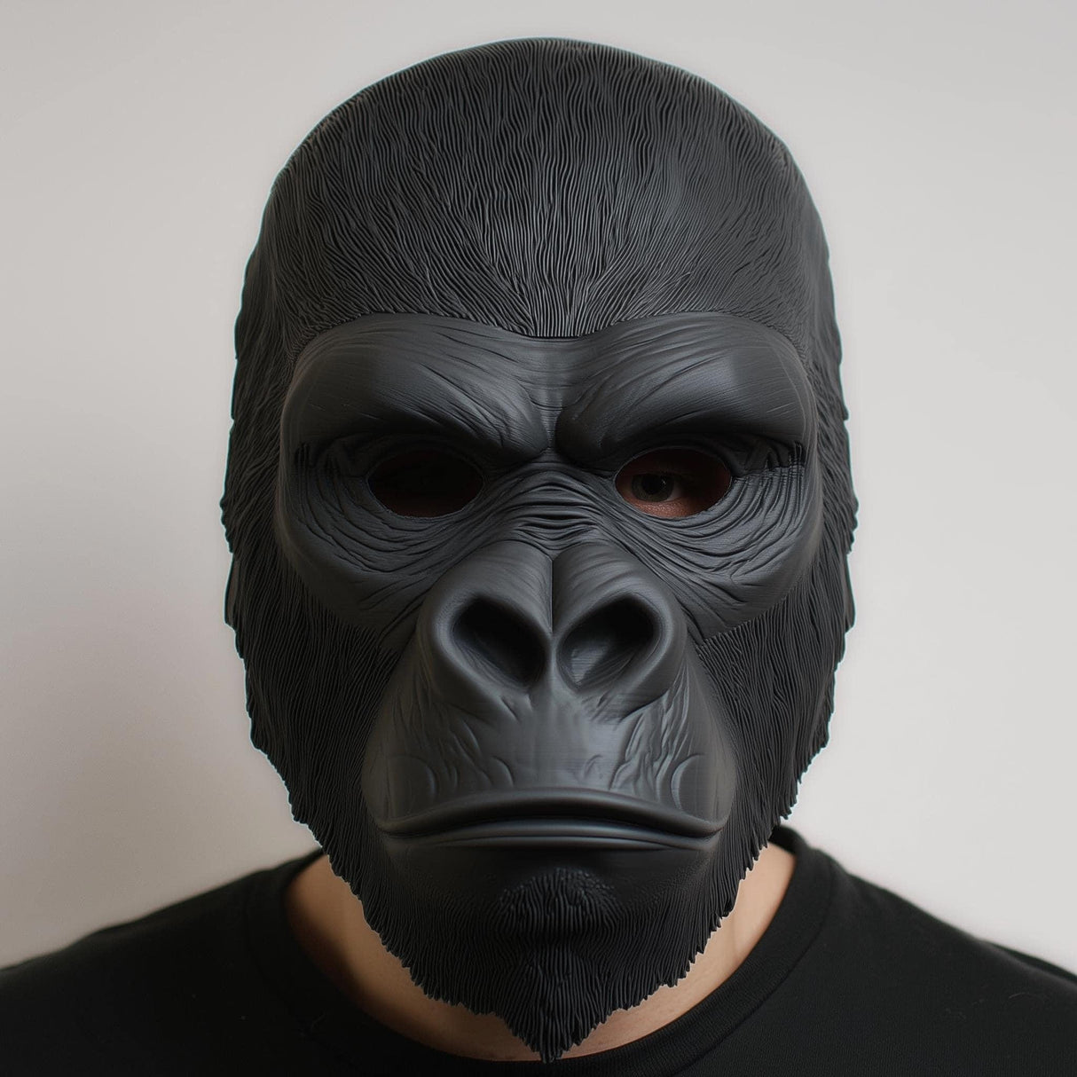 A close-up view of a realistic 3D printed black gorilla mask worn by a person. The mask features detailed fur texture, deep-set eyes, and a sculpted snout, evoking the intense and expressive features of a primate.