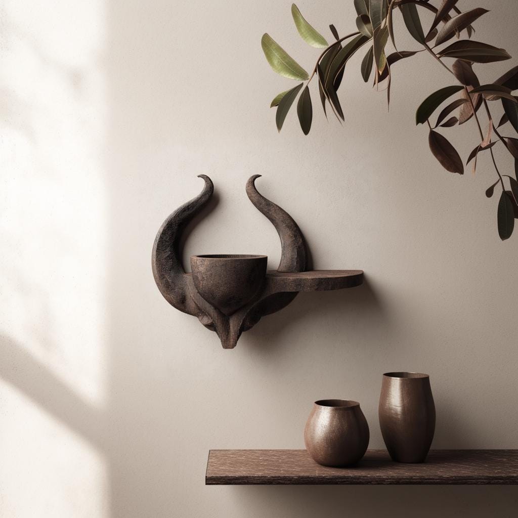 3D Printed Horned Altar Shelf | Dark Fantasy Floating Ledge with Ritual Bowl | Gothic Room Decor Accent for Bedroom Gaming Setup Display