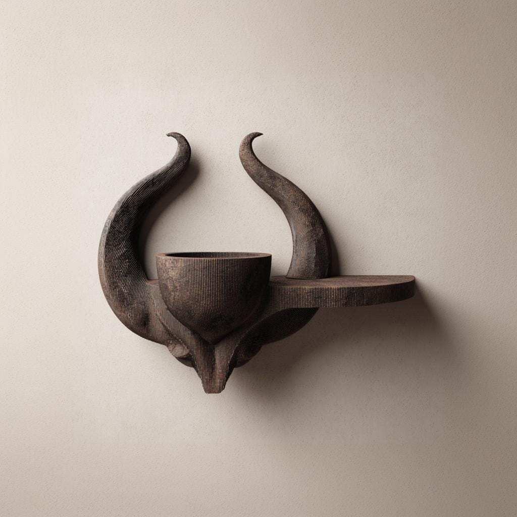 3D Printed Horned Altar Shelf | Dark Fantasy Floating Ledge with Ritual Bowl | Gothic Room Decor Accent for Bedroom Gaming Setup Display